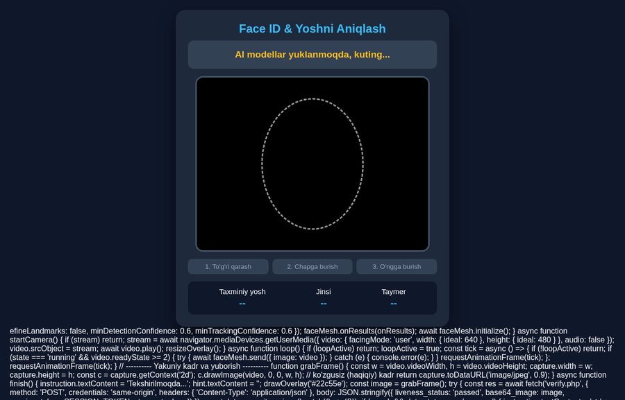 Biometrik yosh tekshiruvi — kamera orqali yuzni aniqlash va burilish bosqichlari